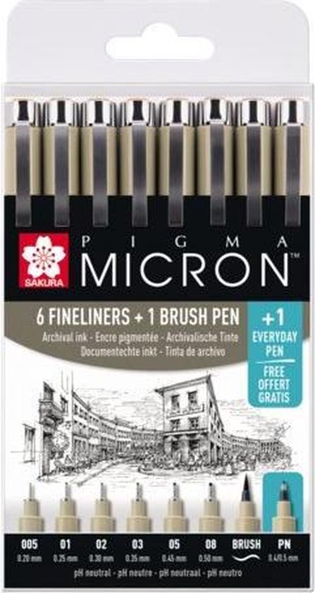 Sakura Pigma Micron 6 zwarte fineliners + 1 brushpen + 1 gratis pigment pen
